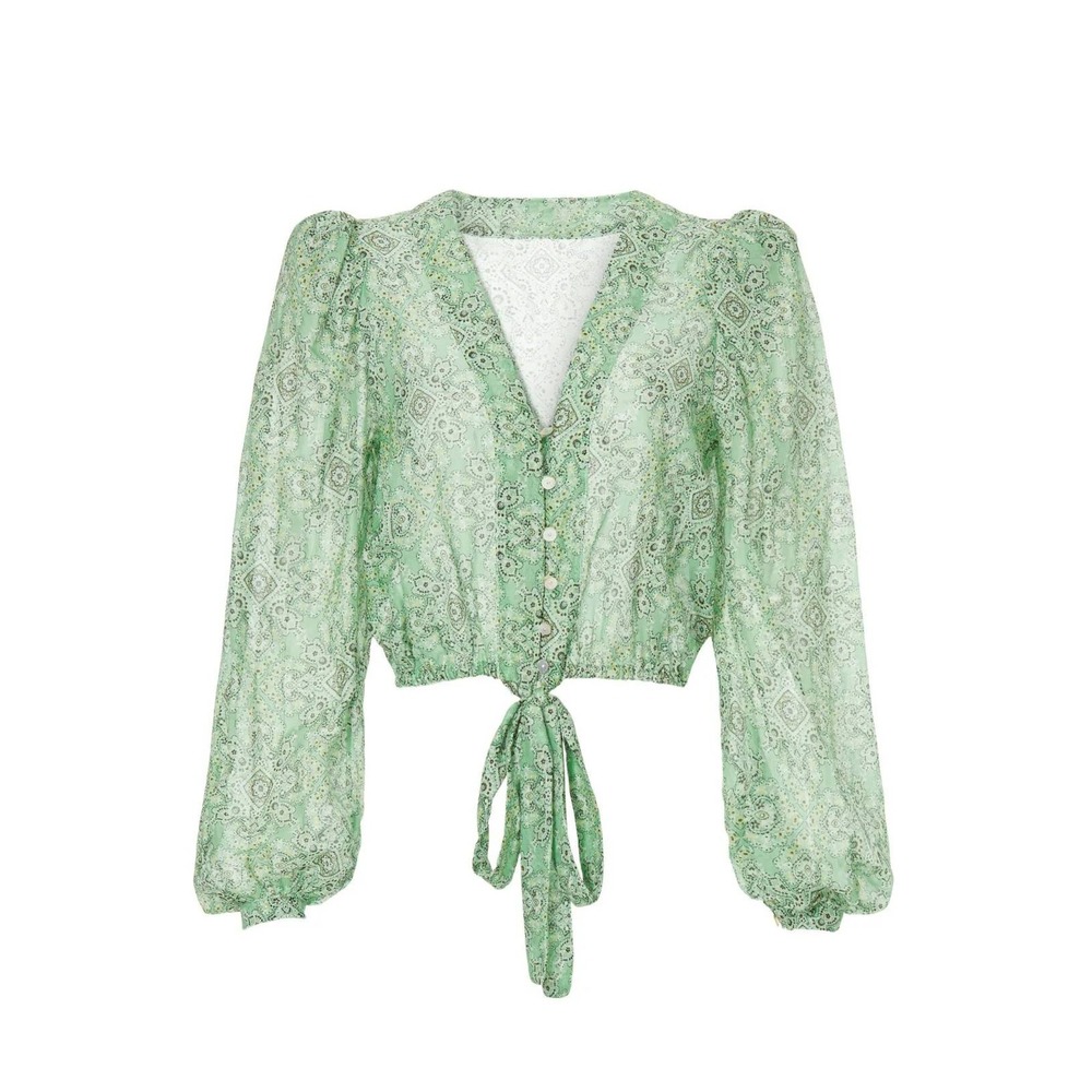 Le Superbe Green Paisley Tie Front Blouse Size 0